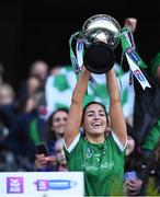 6 March 2022; Sarsfields captain Niamh McGrath lifts the Bill and Agnes Carroll cup after the AIB All-Ireland Senior Camogie Club Championship Final between Oulart the Ballagh, Wexford and Sarsfields, Galway at Croke Park in Dublin. Photo by Piaras Ó Mídheach/Sportsfile