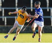 6 March 2022; Keelan Molloy of Antrim in action against Liam O'Connell of Laois during the Allianz Hurling League Division 1 Group B match between Laois and Antrim at MW Hire O'Moore Park in Portlaoise, Laois. Photo by Michael P Ryan/Sportsfile