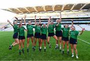 6 March 2022; Sarsfields players, from left, Cora Kenny, Shannon Corcoran, Rachel Murray, Tara Kenny, Siobhán McGrath, Orlaith McGrath, Maria Cooney, Joanne Daly, and Clodagh McGrath celebrate after their side's victory in the 2021 AIB All-Ireland Senior Camogie Club Championship Final between Oulart the Ballagh, Wexford, and Sarsfields, Galway, at Croke Park in Dublin.  Photo by Piaras Ó Mídheach/Sportsfile