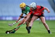 6 March 2022; Shannon Corcoran of Sarsfields in action against Miria O'Dowd of Oulart the Ballagh during the 2021 AIB All-Ireland Senior Camogie Club Championship Final between Oulart the Ballagh, Wexford, and Sarsfields, Galway, at Croke Park in Dublin.  Photo by Piaras Ó Mídheach/Sportsfile