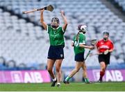 6 March 2022; Niamh McGrath of Sarsfields celebrates after her side's victory in the 2021 AIB All-Ireland Senior Camogie Club Championship Final between Oulart the Ballagh, Wexford, and Sarsfields, Galway, at Croke Park in Dublin.  Photo by Piaras Ó Mídheach/Sportsfile