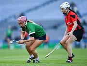 6 March 2022; Orlaith McGrath of Sarsfields in action against Mary Leacy of Oulart the Ballagh during the 2021 AIB All-Ireland Senior Camogie Club Championship Final between Oulart the Ballagh, Wexford, and Sarsfields, Galway, at Croke Park in Dublin.  Photo by Piaras Ó Mídheach/Sportsfile