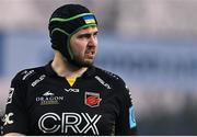 5 March 2022; Joe Maksymiw of Dragons, wearing the Ukrainian colours on his scrum cap in support of the Ukrainian people, during the United Rugby Championship match between Munster and Dragons at Thomond Park in Limerick. Photo by Brendan Moran/Sportsfile