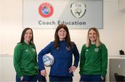 8 March 2022; The positive impact of FAI female staff members on Irish football is recognised as part of International Women's Day celebrations. Clare Conlon, FAI football development officer, Dublin City, left, Katie Lyons, FAI coach education administrator, and Orla Haran, FAI coach education administrator, at FAI Headquarters in Abbotstown, Dublin. Photo by Stephen McCarthy/Sportsfile