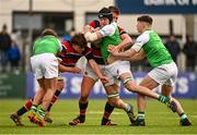 7 March 2022; Noah Maguire of Gonzaga College is tackled by Aaron Lowry of Wesley College during the Bank of Ireland Leinster Rugby Schools Senior Cup 2nd Round match between Gonzaga College and Wesley College at Energia Park in Dublin. Photo by Eóin Noonan/Sportsfile