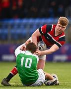 7 March 2022; Tom Geoghegan of Wesley College is tackled by Stephen McMahon of Gonzaga College during the Bank of Ireland Leinster Rugby Schools Senior Cup 2nd Round match between Gonzaga College and Wesley College at Energia Park in Dublin. Photo by Eóin Noonan/Sportsfile