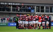 7 March 2022; Wesley College players huddle at half time during the Bank of Ireland Leinster Rugby Schools Senior Cup 2nd Round match between Gonzaga College and Wesley College at Energia Park in Dublin. Photo by Eóin Noonan/Sportsfile