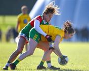 6 March 2022; Katy Herron of Donegal in action against Kathryn Sullivan of Mayo during the Lidl Ladies Football National League Division Division 1A, Round 3 match between Mayo and Donegal at Connacht GAA Centre of Excellence in Bekan, Mayo. Photo by Sam Barnes/Sportsfile
