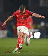 5 March 2022; Jack Crowley of Munster kicks a conversion during the United Rugby Championship match between Munster and Dragons at Thomond Park in Limerick. Photo by Brendan Moran/Sportsfile