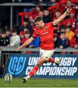 5 March 2022; Jack Crowley of Munster kicks a penalty during the United Rugby Championship match between Munster and Dragons at Thomond Park in Limerick. Photo by Brendan Moran/Sportsfile