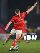 5 March 2022; Jack Crowley of Munster kicks a conversion during the United Rugby Championship match between Munster and Dragons at Thomond Park in Limerick. Photo by Brendan Moran/Sportsfile