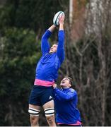 8 March 2022; Ross Molony, left, and Scott Penny during Leinster rugby squad training at UCD in Dublin. Photo by David Fitzgerald/Sportsfile