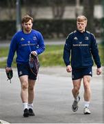 8 March 2022; Martin Moloney, left, and Tommy O'Brien arrive for Leinster rugby squad training at UCD in Dublin. Photo by David Fitzgerald/Sportsfile