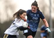 8 March 2022; Lauren Rushe of Ulster University in action against Rachel Barrett of GMIT Mayo during the Yoplait LGFA Higher Education Football Championships Final match between GMIT Mayo and University of Ulster, Antrim, at DCU Dóchas Éireann Astro Pitch in Dublin. Photo by David Fitzgerald/Sportsfile