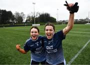 8 March 2022; Anna Tuohy, right, and Emma Halton of GMIT Mayo celebrate after the Yoplait LGFA Higher Education Football Championships Final match between GMIT Mayo and University of Ulster, Antrim, at DCU Dóchas Éireann Astro Pitch in Dublin. Photo by David Fitzgerald/Sportsfile