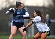 8 March 2022; Lisa Scahill of GMIT Mayo in action against Claire Emerson of Ulster University during the Yoplait LGFA Higher Education Football Championships Final match between GMIT Mayo and University of Ulster, Antrim, at DCU Dóchas Éireann Astro Pitch in Dublin. Photo by David Fitzgerald/Sportsfile