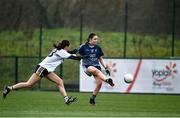 8 March 2022; Vivienne Ward of Ulster University in action against Aoife Reid of GMIT Mayo during the Yoplait LGFA Higher Education Football Championships Final match between GMIT Mayo and University of Ulster, Antrim, at DCU Dóchas Éireann Astro Pitch in Dublin. Photo by David Fitzgerald/Sportsfile