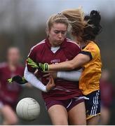 8 March 2022; Orla Finnegan of Marino in action against Edel Hayes of DCU during the Yoplait LGFA Donaghy Cup Final match between DCU Dóchas Éireann, Dublin, and Marino Institute of Education, Dublin, at DCU Dóchas Éireann Astro Pitch in Dublin. Photo by David Fitzgerald/Sportsfile