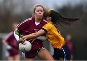 8 March 2022; Orla Finnegan of Marino in action against Edel Hayes of DCU during the Yoplait LGFA Donaghy Cup Final match between DCU Dóchas Éireann, Dublin, and Marino Institute of Education, Dublin, at DCU Dóchas Éireann Astro Pitch in Dublin. Photo by David Fitzgerald/Sportsfile