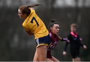 8 March 2022; Aoibhe Lennon of DCU in action against Aoife Mitchell of Marino during the Yoplait LGFA Donaghy Cup Final match between DCU Dóchas Éireann, Dublin, and Marino Institute of Education, Dublin, at DCU Dóchas Éireann Astro Pitch in Dublin. Photo by David Fitzgerald/Sportsfile
