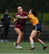 8 March 2022; Aoife Grogan of Marino in action against Edel Hayes of DCU during the Yoplait LGFA Donaghy Cup Final match between DCU Dóchas Éireann, Dublin, and Marino Institute of Education, Dublin, at DCU Dóchas Éireann Astro Pitch in Dublin. Photo by David Fitzgerald/Sportsfile