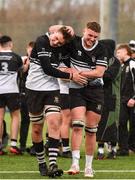 8 March 2022; Newbridge college players Shane Treacy, left, and Tadhg Brophy celebrate after their victory in the Bank of Ireland Leinster Rugby Schools Senior Cup 2nd Round match between Newbridge College and Belvedere College at Energia Park in Dublin. Photo by Sam Barnes/Sportsfile