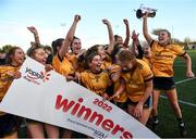 8 March 2022; DCU players celebrate after the Yoplait LGFA Donaghy Cup Final match between DCU Dóchas Éireann, Dublin, and Marino Institute of Education, Dublin, at DCU Dóchas Éireann Astro Pitch in Dublin. Photo by David Fitzgerald/Sportsfile