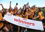 8 March 2022; DCU players celebrate after the Yoplait LGFA Donaghy Cup Final match between DCU Dóchas Éireann, Dublin, and Marino Institute of Education, Dublin, at DCU Dóchas Éireann Astro Pitch in Dublin. Photo by David Fitzgerald/Sportsfile