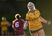 8 March 2022; Sarah Clarke of DCU celebrates after scoring a point during the Yoplait LGFA Donaghy Cup Final match between DCU Dóchas Éireann, Dublin, and Marino Institute of Education, Dublin, at DCU Dóchas Éireann Astro Pitch in Dublin. Photo by David Fitzgerald/Sportsfile