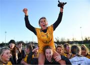 8 March 2022; Abby Mitchell of DCU celebrates after the Yoplait LGFA Donaghy Cup Final match between DCU Dóchas Éireann, Dublin, and Marino Institute of Education, Dublin, at DCU Dóchas Éireann Astro Pitch in Dublin. Photo by David Fitzgerald/Sportsfile