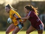 8 March 2022; Sarah Clarke of DCU in action against Aideen Harte of Marino during the Yoplait LGFA Donaghy Cup Final match between DCU Dóchas Éireann, Dublin, and Marino Institute of Education, Dublin, at DCU Dóchas Éireann Astro Pitch in Dublin. Photo by David Fitzgerald/Sportsfile