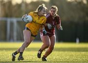 8 March 2022; Sarah Clarke of DCU in action against Eimhinn Quinn of Marino during the Yoplait LGFA Donaghy Cup Final match between DCU Dóchas Éireann, Dublin, and Marino Institute of Education, Dublin, at DCU Dóchas Éireann Astro Pitch in Dublin. Photo by David Fitzgerald/Sportsfile