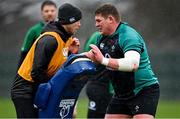 9 March 2022; Defence coach Simon Easterby and Tadhg Furlong during Ireland rugby squad training at Carton House in Maynooth, Kildare. Photo by Brendan Moran/Sportsfile