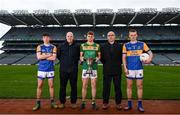 9 March 2022; In attendance at the Masita GAA All-Ireland Post Primary Schools Championships captain's call at Croke Park in Dublin is St Brendan's College Killarney captain Cian McMahon, centre, and Naas CBS, Kildare, joint captains Jack McKevitt, left, and Fionn Tully with Declan Smith of Masita Ireland and Chair of the GAA National Post Primary Schools Committee Liam O’Mahony. The Masita GAA All-Ireland Post Primary Schools Croke Cup and the Masita GAA All-Ireland Post Primary Schools Hogan Cup will be played in Croke Park on St Patrick’s Day, 17th March 2022.  Photo by Harry Murphy/Sportsfile