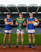 9 March 2022; In attendance at the Masita GAA All-Ireland Post Primary Schools Championships captain's call at Croke Park in Dublin is St Brendan's College Killarney, Kerry, captain Cian McMahon, centre, and Naas CBS, Kildare, joint captains Jack McKevitt, left, and Fionn Tully. The Masita GAA All-Ireland Post Primary Schools Croke Cup and the Masita GAA All-Ireland Post Primary Schools Hogan Cup will be played in Croke Park on St Patrick’s Day, 17th March 2022.  Photo by Harry Murphy/Sportsfile