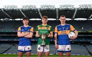 9 March 2022; In attendance at the Masita GAA All-Ireland Post Primary Schools Championships captain's call at Croke Park in Dublin is St Brendan's College Killarney, Kerry, captain Cian McMahon, centre, and Naas CBS, Kildare, joint captains Jack McKevitt, left, and Fionn Tully. The Masita GAA All-Ireland Post Primary Schools Croke Cup and the Masita GAA All-Ireland Post Primary Schools Hogan Cup will be played in Croke Park on St Patrick’s Day, 17th March 2022.  Photo by Harry Murphy/Sportsfile