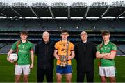 9 March 2022; In attendance at the Masita GAA All-Ireland Post Primary Schools Championships captain's call at Croke Park in Dublin are Oisin Monaghan of Patrician High School, Monaghan, centre, and Brian Cushe and Jack Higgins of Gorey Community School, Wexford, with Declan Smith of Masita Ireland  and Chair of the GAA National Post Primary Schools Committee Liam O’Mahony during the Masita GAA All-Ireland Post Primary Schools Croke Cup and the Masita GAA All-Ireland Post Primary Schools Hogan Cup will be played in Croke Park on St Patrick’s Day, 17th March 2022.  Photo by Harry Murphy/Sportsfile