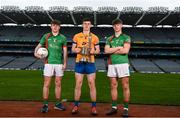 9 March 2022; In attendance at the Masita GAA All-Ireland Post Primary Schools Championships captain's call at Croke Park in Dublin are Oisin Monaghan of Patrician High School, Monaghan, centre, and Brian Cushe and Jack Higgins of Gorey Community School, Wexford, during the Masita GAA All-Ireland Post Primary Schools Croke Cup and the Masita GAA All-Ireland Post Primary Schools Hogan Cup will be played in Croke Park on St Patrick’s Day, 17th March 2022.  Photo by Harry Murphy/Sportsfile