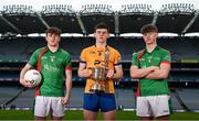 9 March 2022; In attendance at the Masita GAA All-Ireland Post Primary Schools Championships captain's call at Croke Park in Dublin are Oisin Monaghan of Patrician High School, Monaghan, centre, and Brian Cushe and Jack Higgins of Gorey Community School, Wexford, during the Masita GAA All-Ireland Post Primary Schools Croke Cup and the Masita GAA All-Ireland Post Primary Schools Hogan Cup will be played in Croke Park on St Patrick’s Day, 17th March 2022.  Photo by Harry Murphy/Sportsfile