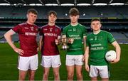9 March 2022; In attendance at the Masita GAA All-Ireland Post Primary Schools Championships captain's call at Croke Park in Dublin is from left, Alan McWey and Conor McWey of Heywood Community School, Laois, and Brendy Rouine and Marc O'Loughlin of CBS Ennistymon, Clare. The Masita GAA All-Ireland Post Primary Schools Croke Cup and the Masita GAA All-Ireland Post Primary Schools Hogan Cup will be played in Croke Park on St Patrick’s Day, 17th March 2022.  Photo by Harry Murphy/Sportsfile