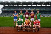9 March 2022; In attendance at the Masita GAA All-Ireland Post Primary Schools Championships captain's call at Croke Park in Dublin is back row, from left, Jack McKEvitt of Naas CBS, Kildare, Cian McMahon of St Brendan's College Killarney, Kerry, Conor McWey of Heywood Community School, Laois, Brendan Conway of Our Lady's Secondary School and Jack Higgins of Gorey Community School, Wexford, front row, from left,  Marc O'Loughlin of CBS Ennistymon, Clare, Oisin Monahan of Patrician High School, Monaghan, and Fintan Fenner of Scoil Phobail Bheara, Cork. The Masita GAA All-Ireland Post Primary Schools Croke Cup and the Masita GAA All-Ireland Post Primary Schools Hogan Cup will be played in Croke Park on St Patrick’s Day, 17th March 2022.  Photo by Harry Murphy/Sportsfile