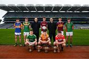 9 March 2022; In attendance at the Masita GAA All-Ireland Post Primary Schools Championships captain's call at Croke Park in Dublin is back row, from left, Jack McKEvitt of Naas CBS, Kildare, Cian McMahon of St Brendan's College Killarney, Kerry, Declan Smith of Masita Ireland ,Conor McWey of Heywood Community School, Laois, Chair of the GAA National Post Primary Schools Committee Liam O’Mahony, Brendan Conway of Our Lady's Secondary School and Jack Higgins of Gorey Community School, Wexford, front row, from left,  Marc O'Loughlin of CBS Ennistymon, Clare, Oisin Monahan of Patrician High School, Monaghan, and Fintan Fenner of Scoil Phobail Bheara, Cork. The Masita GAA All-Ireland Post Primary Schools Croke Cup and the Masita GAA All-Ireland Post Primary Schools Hogan Cup will be played in Croke Park on St Patrick’s Day, 17th March 2022.  Photo by Harry Murphy/Sportsfile