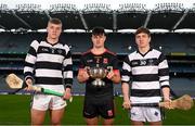 9 March 2022; In attendance at the Masita GAA All-Ireland Post Primary Schools Championships captain's call at Croke Park in Dublin is Joe Fitzpatrick, left, and Conor Cody of St Kieran's College, Kilkenny, and Vince Harrington of Ardscoil Ris, Limerick. The Masita GAA All-Ireland Post Primary Schools Croke Cup and the Masita GAA All-Ireland Post Primary Schools Hogan Cup will be played in Croke Park on St Patrick’s Day, 17th March 2022.  Photo by Harry Murphy/Sportsfile