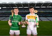 9 March 2022; In attendance at the Masita GAA All-Ireland Post Primary Schools Championships captain's call at Croke Park in Dublin is Niall Mullins of CBS Ennistymon, Clare, and Charlie Bracken of Colaiste Naomh Cormac, Offaly. The Masita GAA All-Ireland Post Primary Schools Croke Cup and the Masita GAA All-Ireland Post Primary Schools Hogan Cup will be played in Croke Park on St Patrick’s Day, 17th March 2022.  Photo by Harry Murphy/Sportsfile