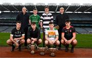 9 March 2022; In attendance at the Masita GAA All-Ireland Post Primary Schools Championships captain's call at Croke Park in Dublin is back row, from left, Declan Smith of Masita Ireland, William Buckley of Rochestown College, Cork, Niall Mullins of CBS Ennistymon, Clare, Joe Fitzpatrick of St Kieran's College and Vince Harrington of Ardscoil Ris, Limerick, Chair of the GAA National Post Primary Schools Committee Liam O’Mahony ,front row, from left, Ronan Killilea of Claregalway College, Galway, and Charlie Bracken of Colaiste Naomh Cormac, Offaly. The Masita GAA All-Ireland Post Primary Schools Croke Cup and the Masita GAA All-Ireland Post Primary Schools Hogan Cup will be played in Croke Park on St Patrick’s Day, 17th March 2022.  Photo by Harry Murphy/Sportsfile