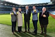 10 March 2022; Today the GAA launched the new GAA Smart Sliotar, which will be used in this years Under 20 hurling championship. The aim of the smart sliotar is to ensure consistency in performance, compliance with specifications, and to ensure it meets ethical standards of manufacture. In attendance at the launch are, from left, former Galway hurler Eoin McDonagh, Camogie Association Technical Development and Participation Manager Louise Conlon, Uachtarán Chumann Lúthchleas Gael Larry McCarthy, former Tipperary hurler Brendan Cummins and Chairman of the Smart Sliotar Work Group Ned Quinn at Croke Park in Dublin. Photo by Sam Barnes/Sportsfile