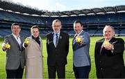 10 March 2022; Today the GAA launched the new GAA Smart Sliotar, which will be used in this years Under 20 hurling championship. The aim of the smart sliotar is to ensure consistency in performance, compliance with specifications, and to ensure it meets ethical standards of manufacture. In attendance at the launch are, from left, former Galway hurler Eoin McDonagh, Camogie Association Technical Development and Participation Manager Louise Conlon, Uachtarán Chumann Lúthchleas Gael Larry McCarthy, former Tipperary hurler Brendan Cummins and Chairman of the Smart Sliotar Work Group Ned Quinn at Croke Park in Dublin. Photo by Sam Barnes/Sportsfile