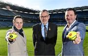 10 March 2022; Today the GAA launched the new GAA Smart Sliotar, which will be used in this years Under 20 hurling championship. The aim of the smart sliotar is to ensure consistency in performance, compliance with specifications, and to ensure it meets ethical standards of manufacture. In attendance at the launch are, from left, Camogie Association Technical Development and Participation Manager Louise Conlon, Uachtarán Chumann Lúthchleas Gael Larry McCarthy and former Tipperary hurler Brendan Cummins at Croke Park in Dublin. Photo by Sam Barnes/Sportsfile