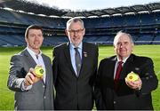 10 March 2022; Today the GAA launched the new GAA Smart Sliotar, which will be used in this years Under 20 hurling championship. The aim of the smart sliotar is to ensure consistency in performance, compliance with specifications, and to ensure it meets ethical standards of manufacture. In attendance at the launch are, from left, former Galway hurler Eoin McDonagh Uachtarán Chumann Lúthchleas Gael Larry McCarthy and Chairman of the Smart Sliotar Work Group Ned Quinn at Croke Park in Dublin. Photo by Sam Barnes/Sportsfile