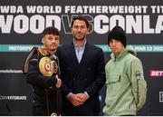 10 March 2022; Michael Conlan, right, with Eddie Hearn, centre, and Leigh Wood during a press conference at Albert Hall in Nottingham, England ahead of their WBA Featherweight World Title bout. Photo by Mark Robinson / Matchroom Boxing via Sportsfile